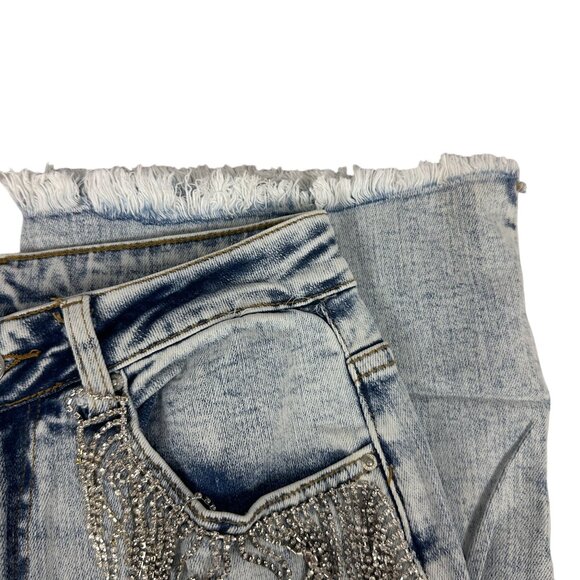 Blue B High-Waisted Light Wash Fringe Embellished Jeans With Raw Hem Size L - Picture 3 of 8